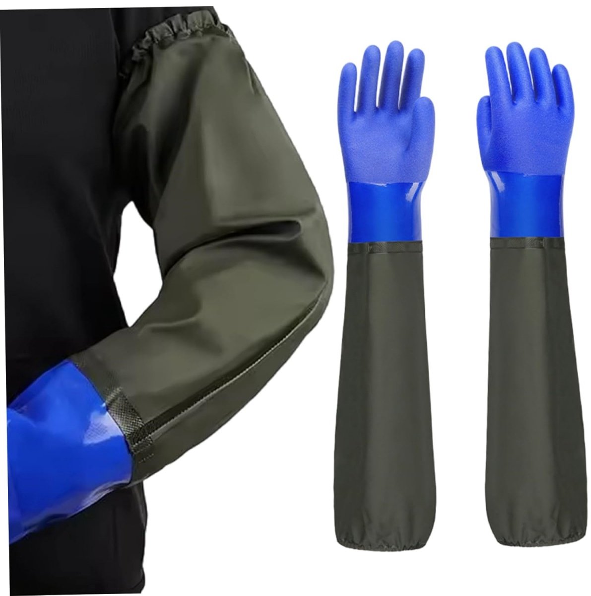 longziming -Lange Waterdichte Handschoenen 70cm - Antislip & Chemisch Bestendig - PVC Materiaal - Elastische Boord - Voor Vijverreiniging, Tuinieren & Zware Klussen - Blauw