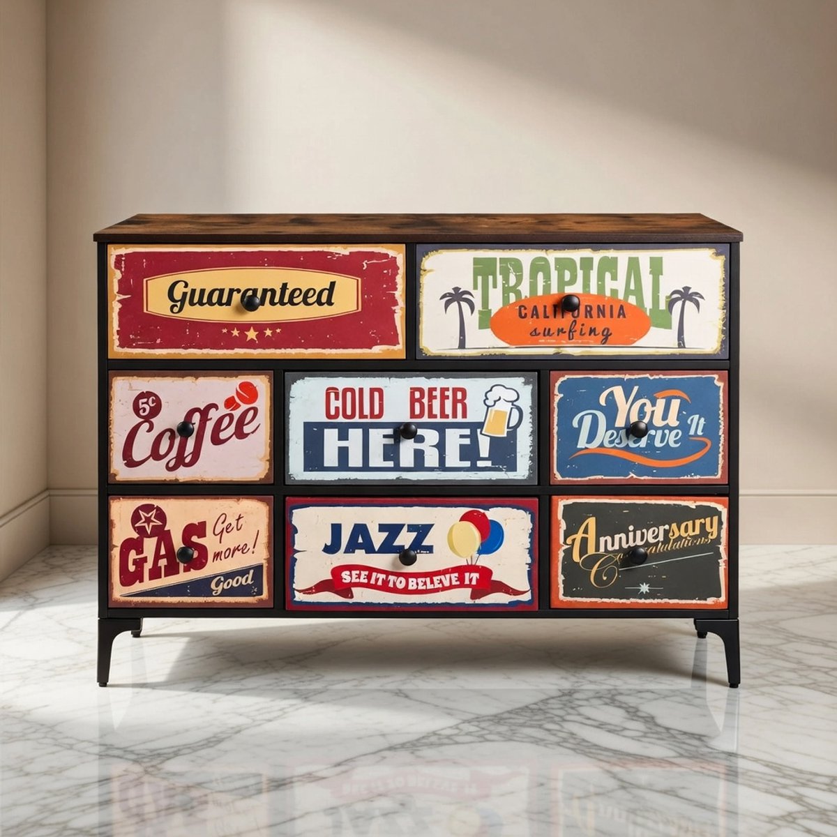 Retro Vintage Opbergcommode – Multifunctionele Slaapkamerkast met 8 Grote Stoffen Laden, Stalen Frame en Houten Platen – Nachtkastje & Woonkamermeubel 103x30x77 cm Novihome