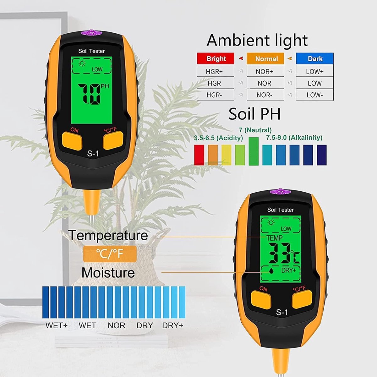 Bodemmeter 4-in-1 - Plantenmeter Vochttester - Plantenverzorging Gazon - PH Licht Temperatuur - 317 cm Lengte