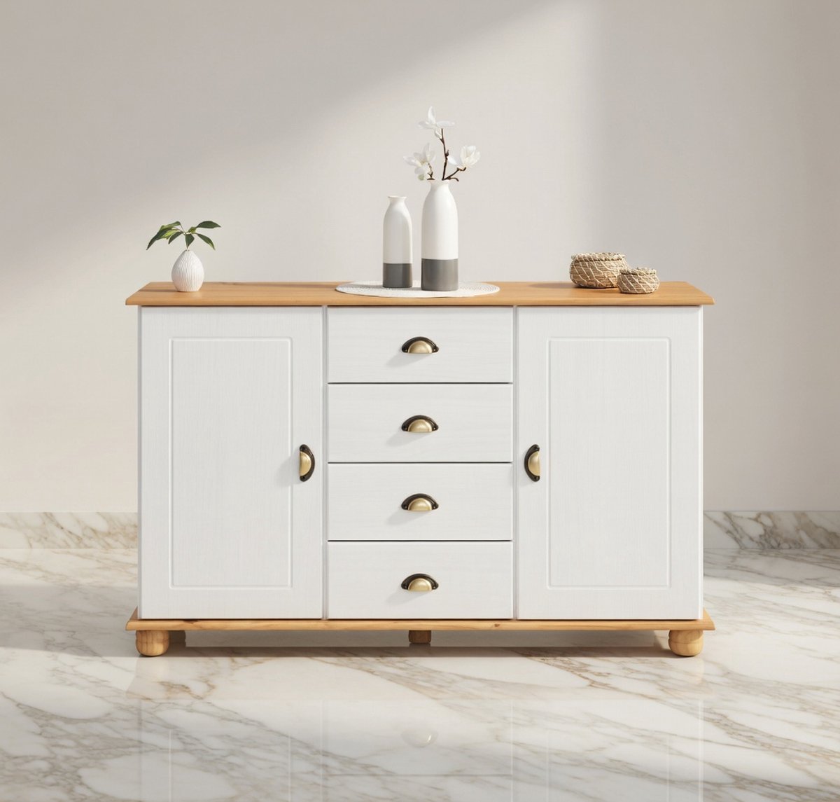 Colmar Landelijke Dressoir – Massief Grenen Apothekenkast met 4 Laden en 2 Deuren – Witte en Bruine Commode voor Hal, Woonkamer en Eetkamer – Robuust en Stijlvol Meubel Novihome