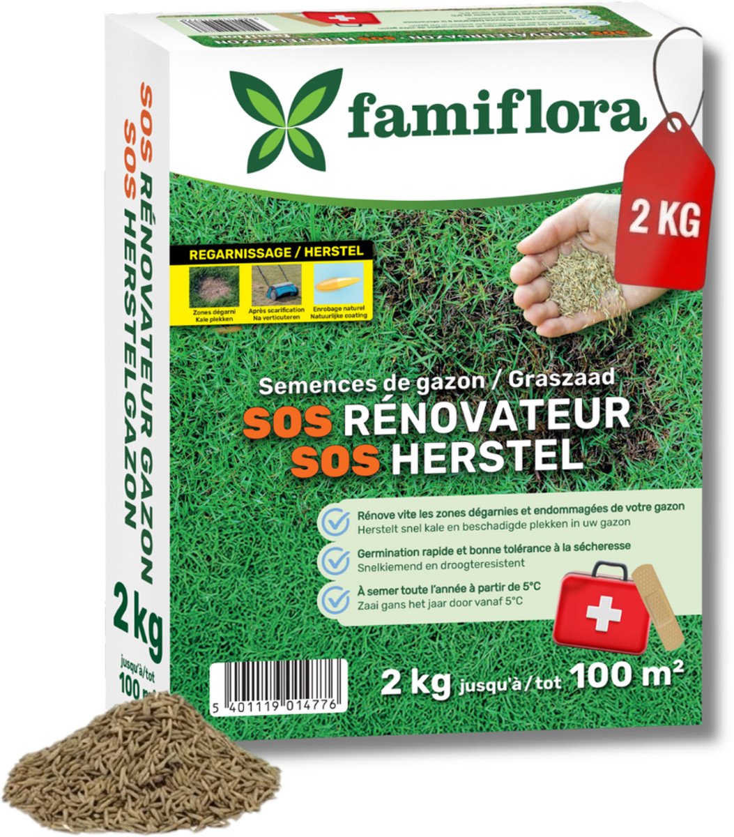 Famiflora graszaad 2kg tot 100m² - SOS herstelgazon - snel herstel kale plekken - Herstelt snel kale plekken voor een egaal gazon - Geen omspitten nodig bespaart tijd en moeite