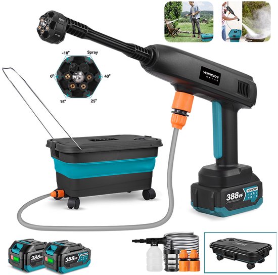 Accu Hogedrukreiniger 50 Bar – Draadloos 2x 3000 mAh, 22L Watertank, 6-in-1 Mondstuk, Mobiel voor Auto & Tuin