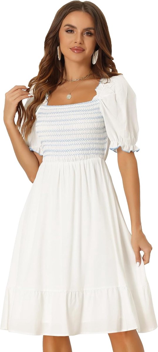 Zomerjurk - Lange Jurk - Casual Feest - Pofmouwen Vierkante Hals - Midi Lengte - Gestreept