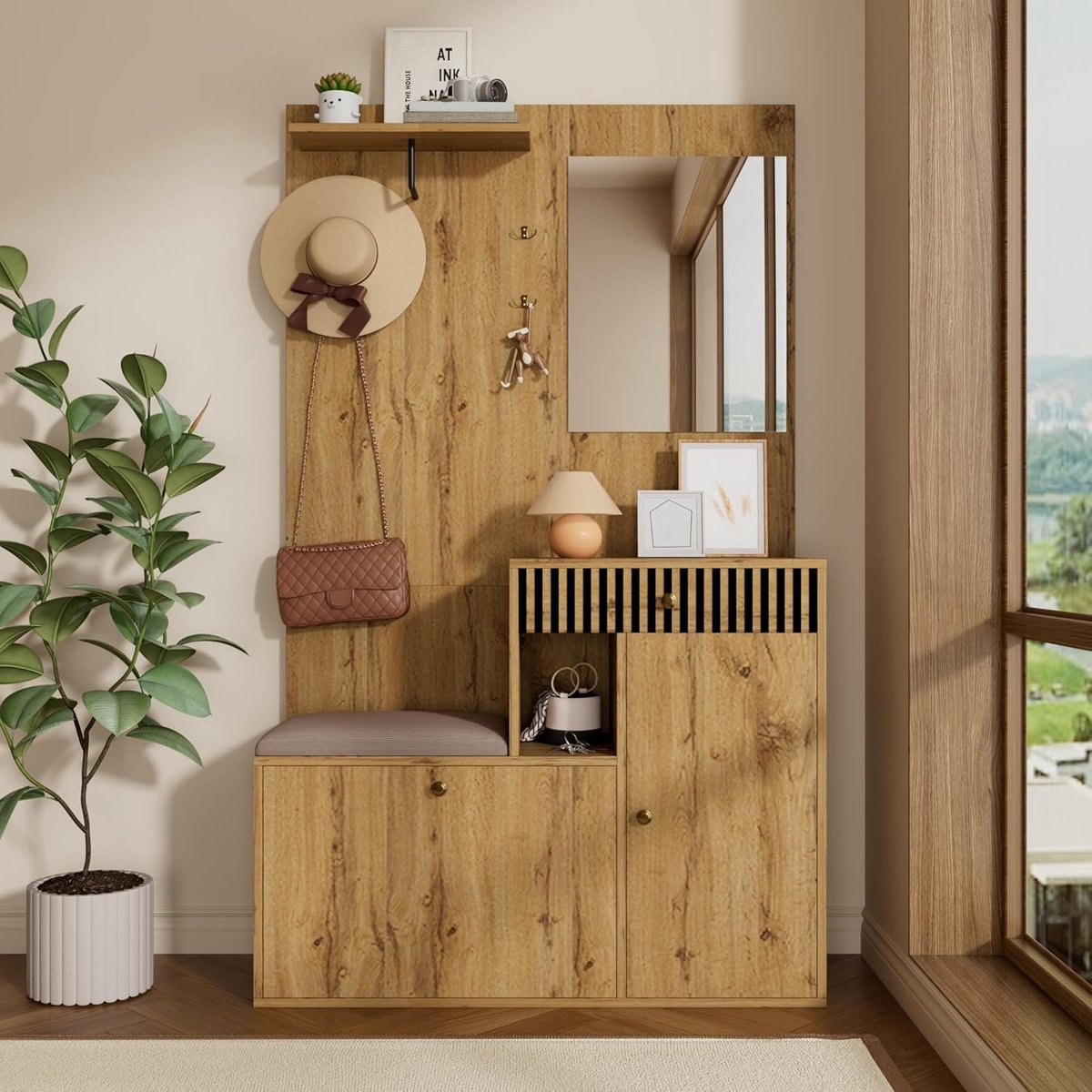 Garderobeset 110x37x185,5 cm met Spiegel en Schoenenbank – Wandgarderobe met 4 Haken, Lade en Kussen, Compact Halmeubel Houtlook met Zwart – Urbanhome