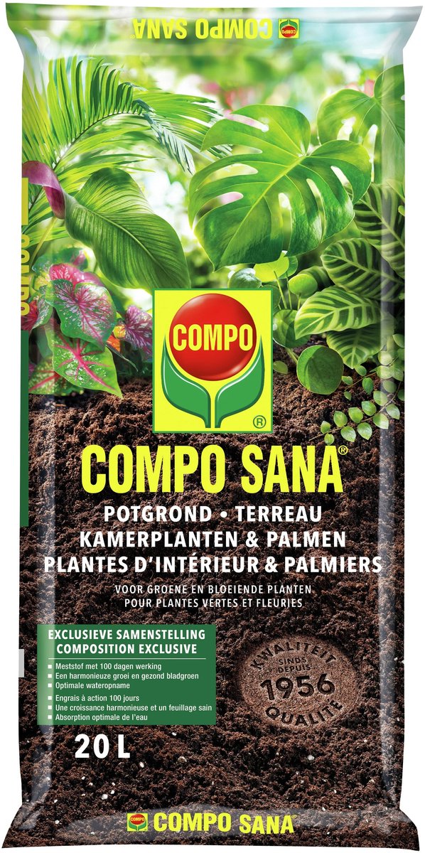 COMPO SANA Potgrond Kamerplanten & Palmen - inclusief meststof met 100 dagen werking - voor alle groene en bloeiende kamerplanten - verzekert een harmonieuze groei en gezonde bladeren - zak 10L