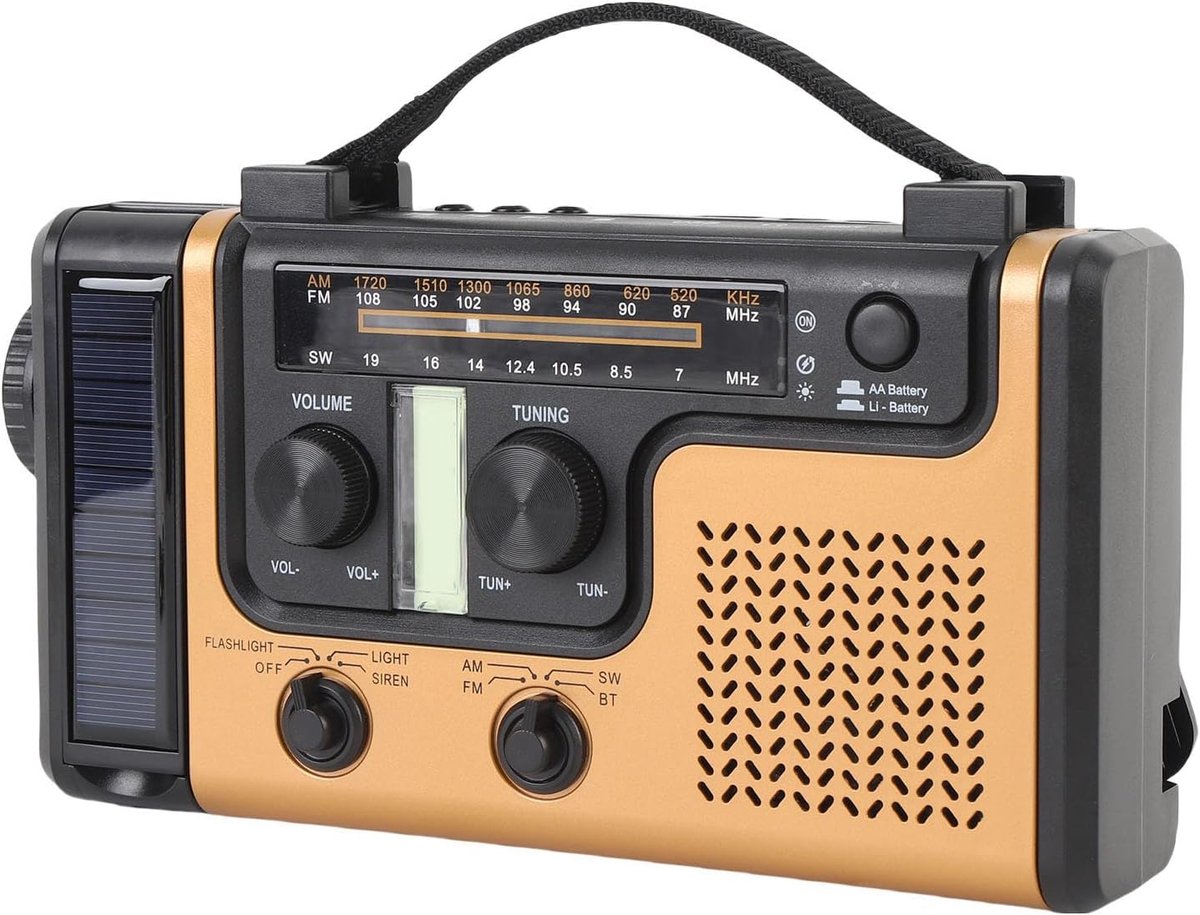 Noodradio - Draagbare Radio - Buiten Activiteiten - Oplaadbaar via Zon/Slinger - 24.2 x 13.6 x 7.3 cm