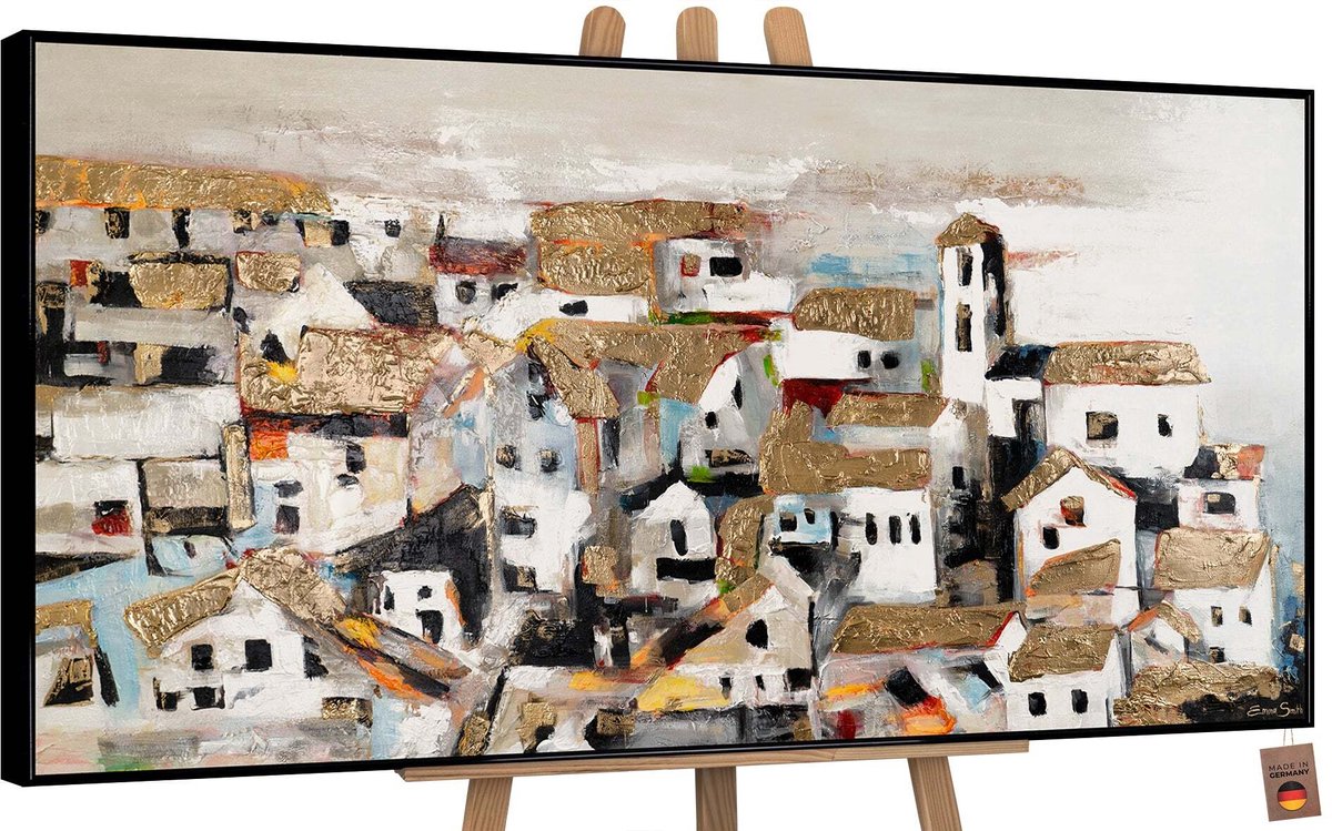 Canvas schilderij groot handgeschilderd huisje zonlicht natuur nostalgisch – YS-Art Gallery – Warme wanddecoratie voor woonkamer – Modern schilderij voor slaapkamer en hal zwart