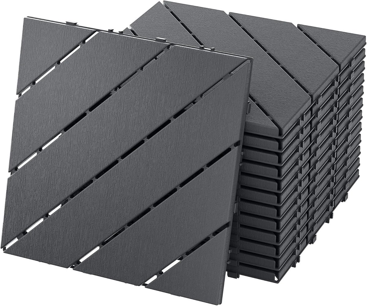 WPC Terrastegels - 11 Stuks - Massief Hout Uitstraling - Balkontegels - 30x30cm - Kliktegels - Met Drainage Rooster - Kunststof - Tuintegels - Vloerbedekking - Voor Tuin, Terras En Balkon - Antraciet - Type C - NAIZY