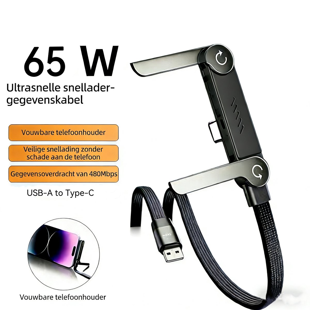 USB-A naar Type-C gebogen oplaadkabel met gamehouder, 65W, 1,5m, geschikt voor iPhone , Huawei, Samsung- Beeldscherm Display Monitor PC Kabel - O.a compatibel met laptop, PC & Macbook