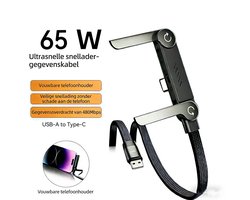 USB-A naar Type-C gebogen oplaadkabel met gamehouder, 65W, 1,5m, geschikt voor iPhone , Huawei, Samsung- Beeldscherm Display Monitor PC Kabel - O.a compatibel met laptop, PC & Macbook