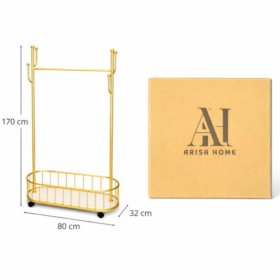 Arisa Home Kledinghangers- Goud-Wit - Kapstok met opberg mand - Multifunctionele Kledingrek - Kleding Hanger met opbergmand -kledingrek op wieltjes - 170x80x32cm