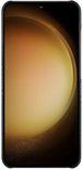 Telefoon met een blauw hoesje van aramidevezels met streepjespatroon. Scherm toont een zonsondergang.