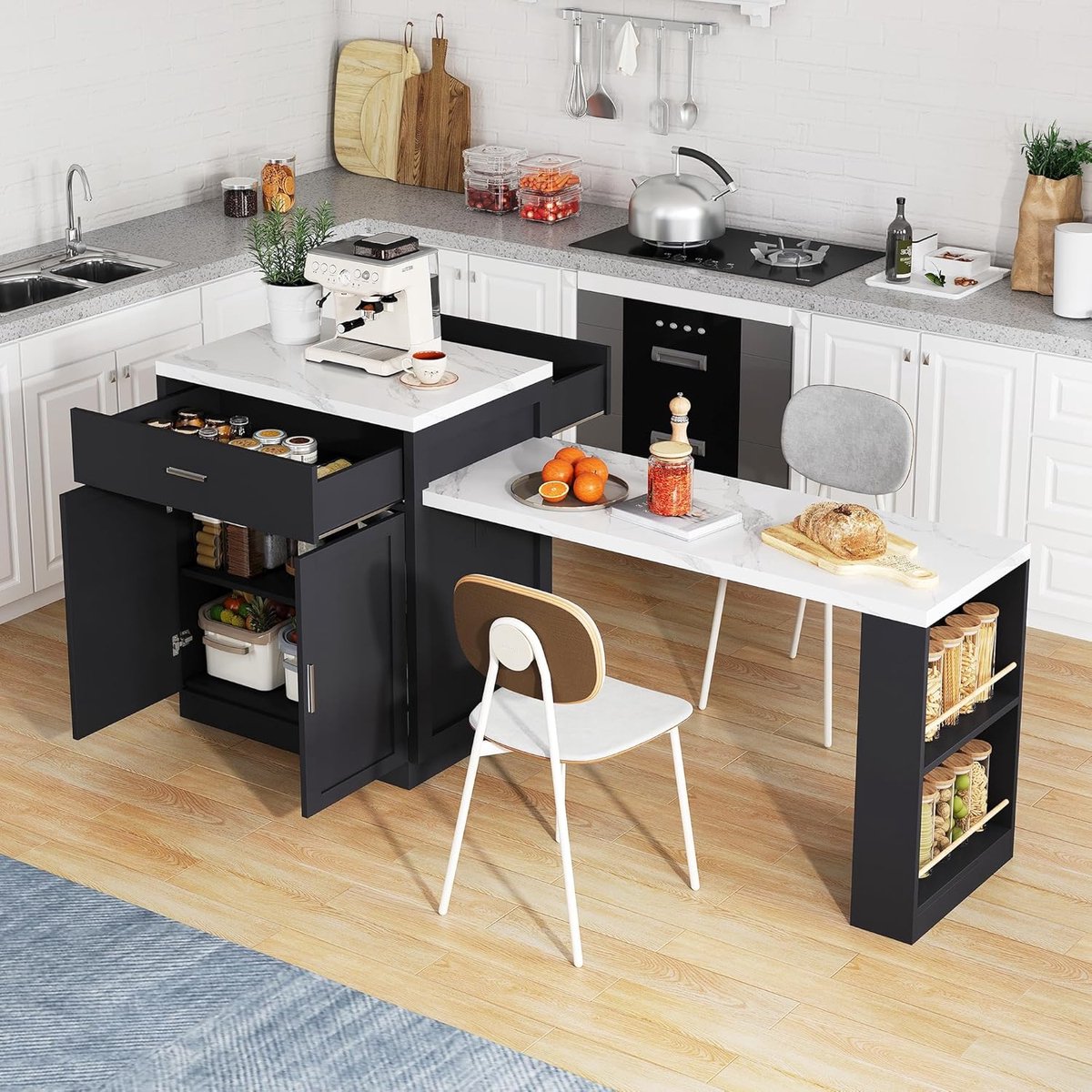 Keukeneiland met inklapbaar werkblad & uittrekbare eettafel 80–211 cm – Verrijdbaar keukenblok met stopcontact, USB, 2 laden & verstelbare planken – Zwart/Wit marmerlook 211x55x89,5 cm – Laura