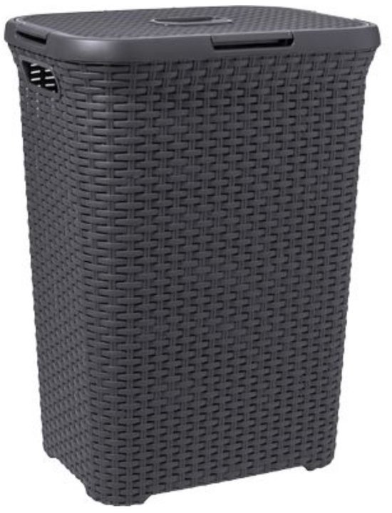 Antracietkleurige wasmand met deksel, vierkant design met geweven patroon.
