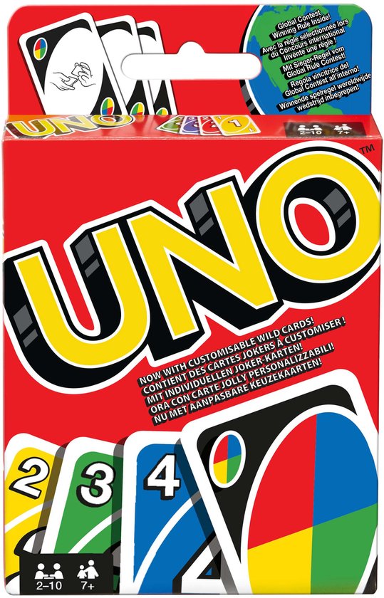 UNO-kaartspeldoos met het logo en afbeeldingen van kaarten, met een wereldbol-illustratie.