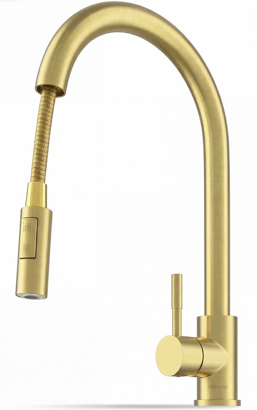 Robinet de cuisine doré mat avec bec extractible et levier, sur fond blanc.