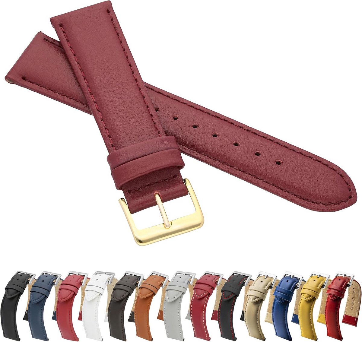 Horlogeband Leer - Leren Armband - Klassiek Accessoire - Gladde Afwerking - 12mm Breedte - Rood