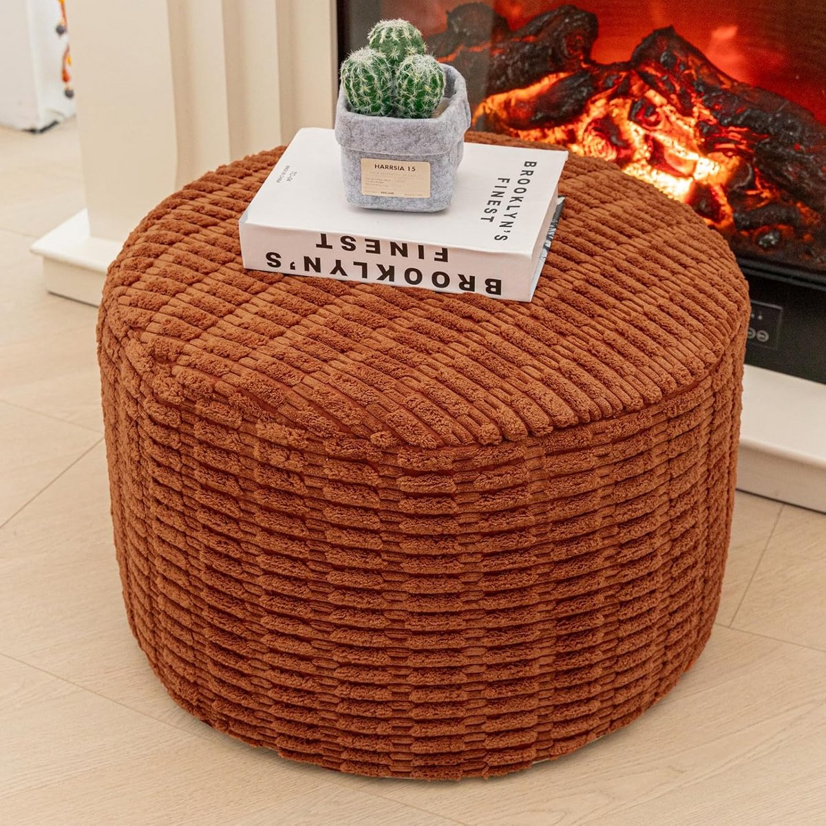 Ronde Poef - Voetenbank Zetel - Extra Zitplaats - Dubbele Ritsen - 50x30 cm - Oranje Bruin