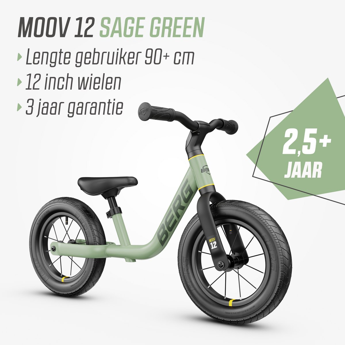BERG MOOV12 Loopfiets - 2,5+ jaar - 12 inch - Lichtgewicht - Comfortabele luchtbanden - Verstelbaar Stuur en Zadel - Sage Green — afbeelding 6