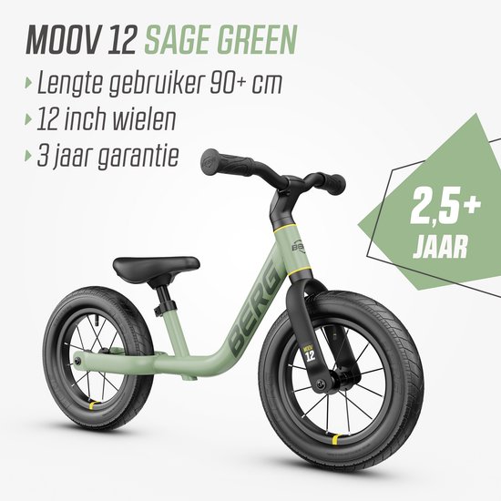 Sage green loopfiets voor kinderen vanaf 2,5 jaar, 12 inch wielen, lengte 89 cm, 3 jaar garantie.