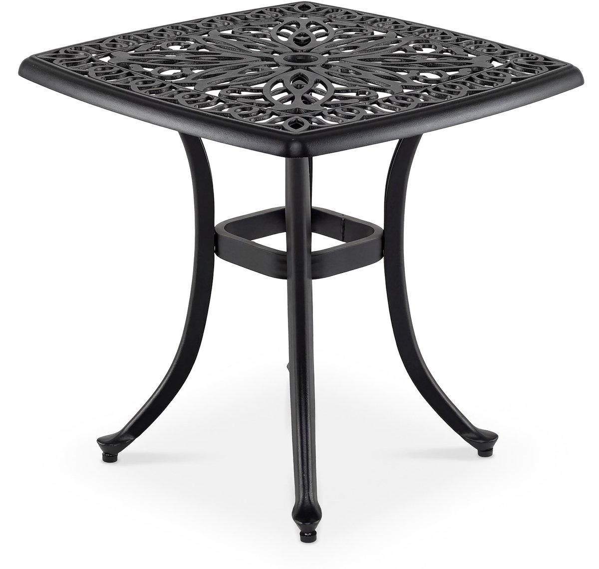 KOMFOTTEU bijzettafel voor buiten 54cm, vierkante bistrotafel van gegoten aluminium met parasolgat, opengewerkt bloemenpatroon, kleine weerbestendige salontafel voor tuin en balkon