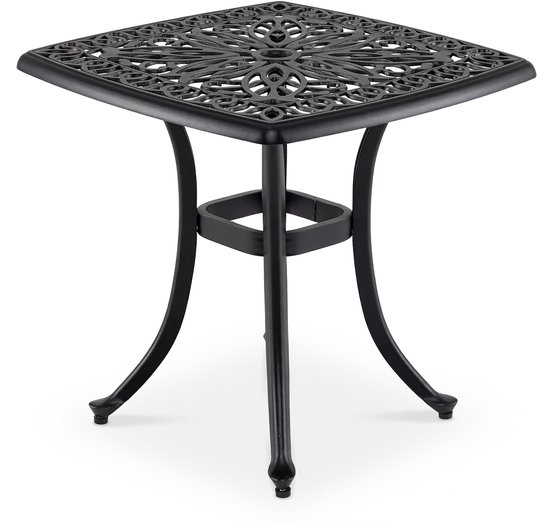 KOMFOTTEU bijzettafel voor buiten 54cm, vierkante bistrotafel van gegoten aluminium met parasolgat, opengewerkt bloemenpatroon, kleine weerbestendige salontafel voor tuin en balkon