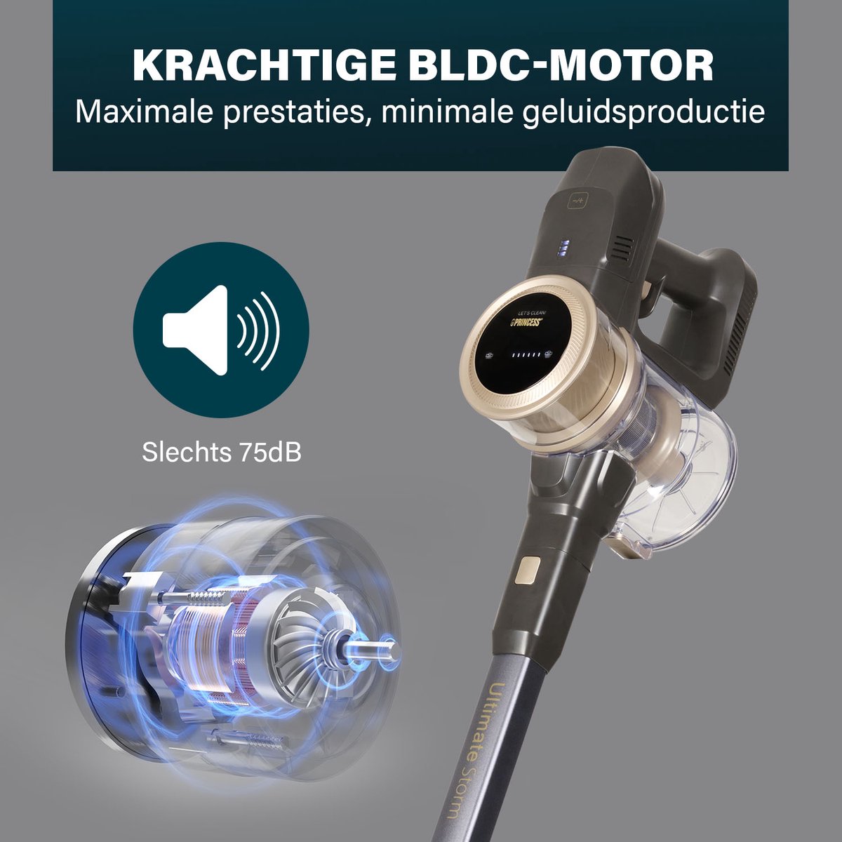 Princess Ultimate Storm Draadloze Steelstofzuiger 339395 - 45 min gebruikstijd - Zuigkracht 27000 PA - Parkeerfunctie - Zeer krachtige BLDC motor - 3 snelheden - Grijs - Met extra HEPA-filter — afbeelding 5