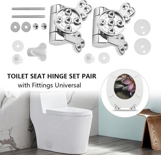 Toiletbril scharnieren set met toebehoren en een toilet.