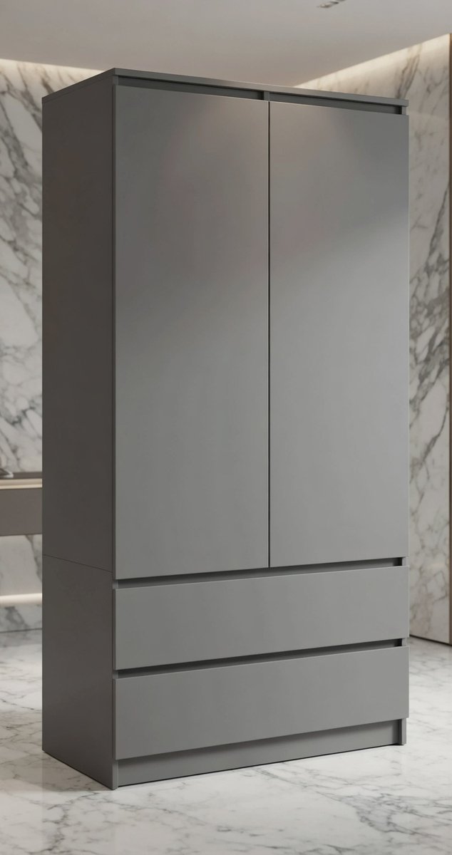 Minimalistische 2-Deurs Kledingkast 90 cm – Moderne Garderobe met Laden, Planken en Kledingstang – Slaapkamerkast Grafietgrijs / Sonoma – Duurzaam Gelamineerd Hout House&Garden