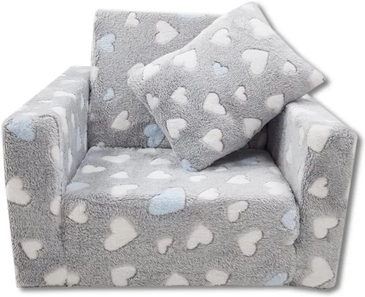 Kindvriendelijke opvouwbare pluchen kinderstoel met zitting en ligfunctie – comfortabel kids relaxfauteuil, blauwe harten