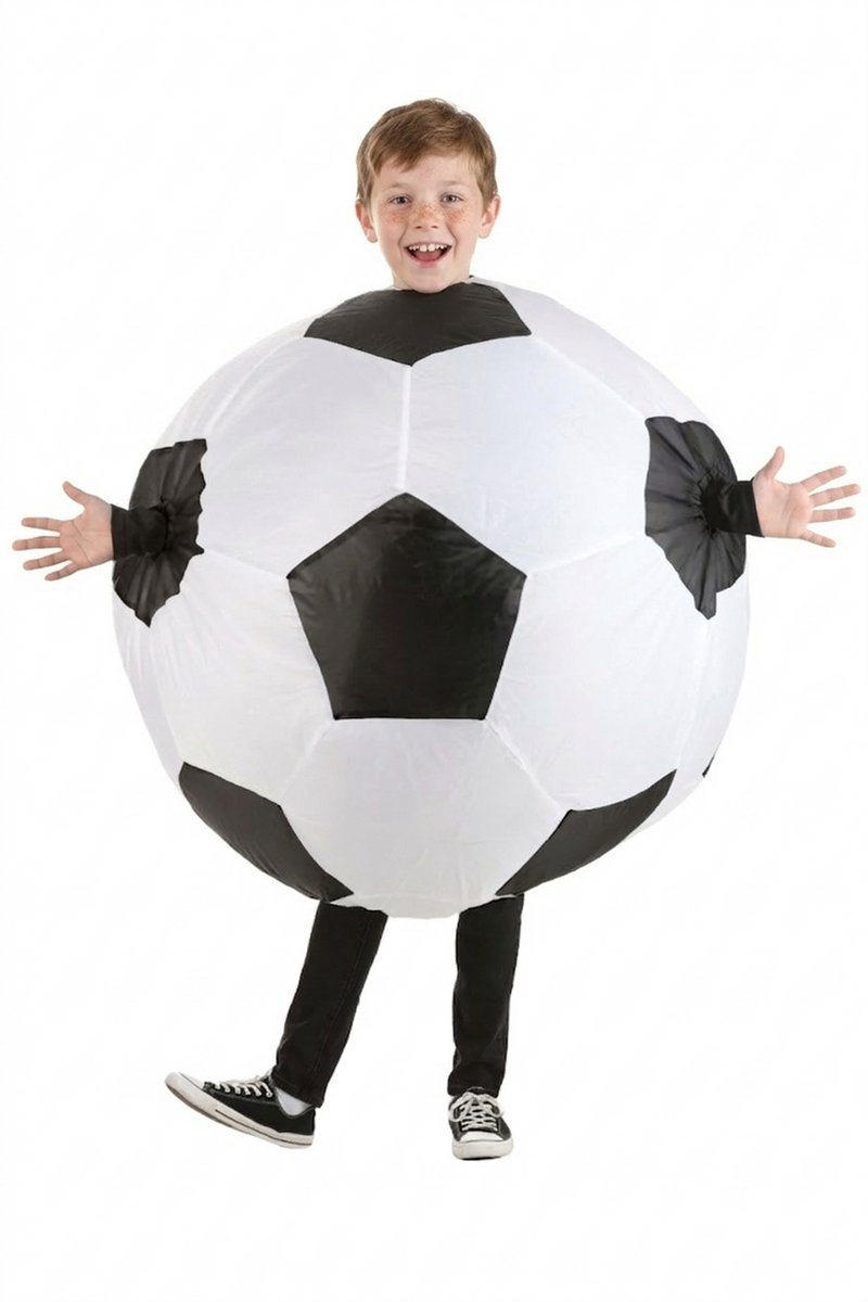 KIMU® Opblaas Kostuum Kinderen Voetbal - Maat 122 128 134 140 146 152 - Opblaasbaar Pak - Voetbalpak Mascotte Opblaaspak - Opblaasbare Bal Volwassenen Jongen Meisje Festival