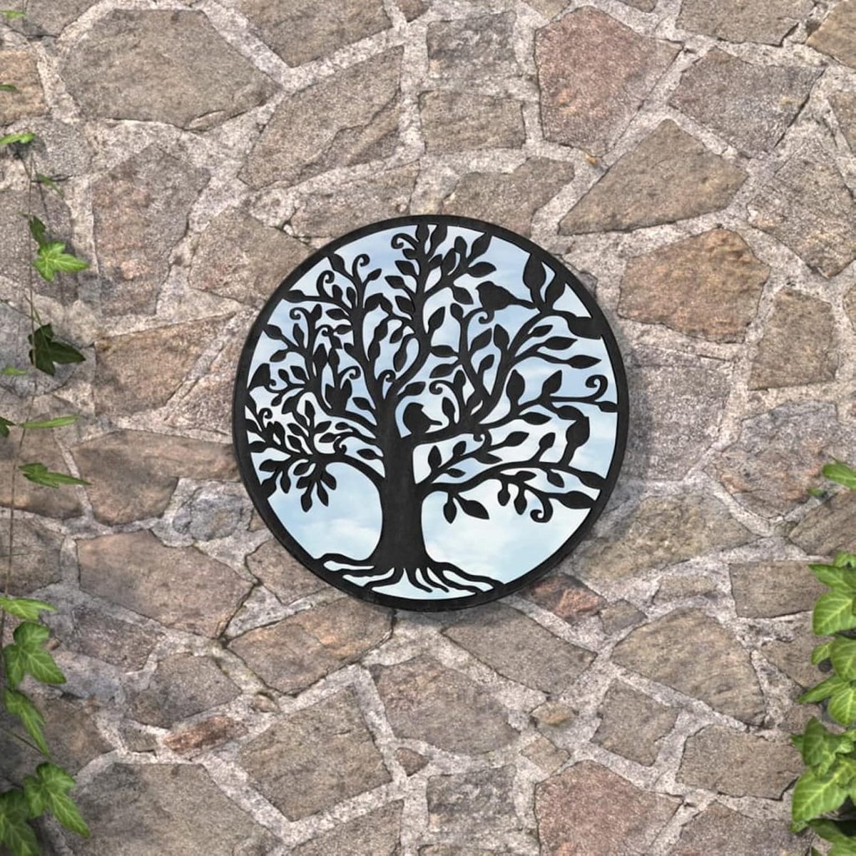 Tuinspiegel Rond - Wandspiegel Buiten - Decoratie Tuin - Duurzaam IJzer Frame - 40cm Diameter - Zwart