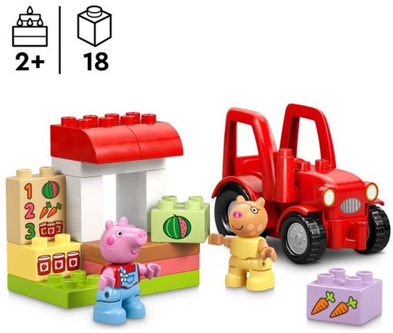 LEGO Duplo Peppa Pig tractor en marktkraam met poppetjes en bouwstenen, met leeftijdsindicatie.