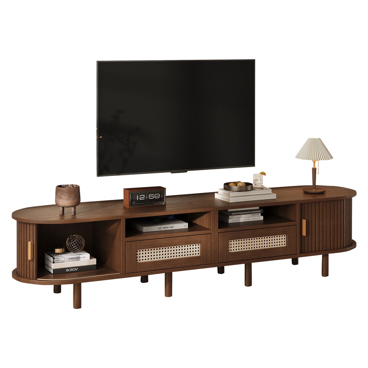 Wishdor Ovaal TV-Meubel - Retro Televisiemeubel met Lamellendeuren - Vintage Donker Eiken - 2 Rotan Lades - 170 x 40 x 40 cm Donkere eik