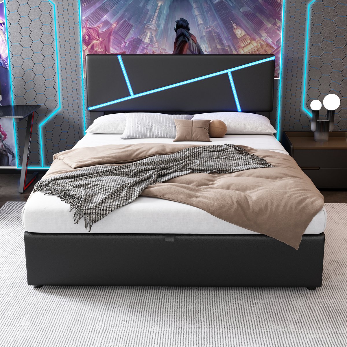 Comfortabel gestoffeerd bed met led-lichtstrips, 140 x 200 cm, tweepersoonsbed met lattenbodem, rugleuning, hydraulisch verstelbaar bed, synthetisch leer, zwart