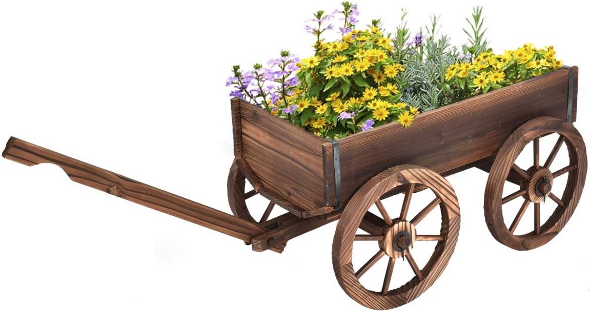 Houten Tuinwagen - Decoratieve Kruiwagen - Tuinieren Buiten - Verstelbare Handgreep - 120 x 43 cm - Bruin
