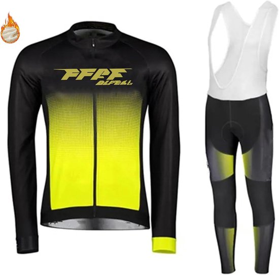Zwart lange mouwen wielershirt met gele gradiënt op de voorkant, naast een zwarte fietsbroek met bretels.
