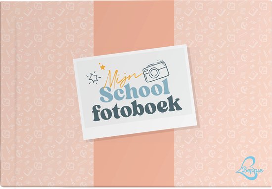 Roze schoolfotoboek met schoolse patronen en een zalmkleurige band. Titel: Mijn School fotoboek.