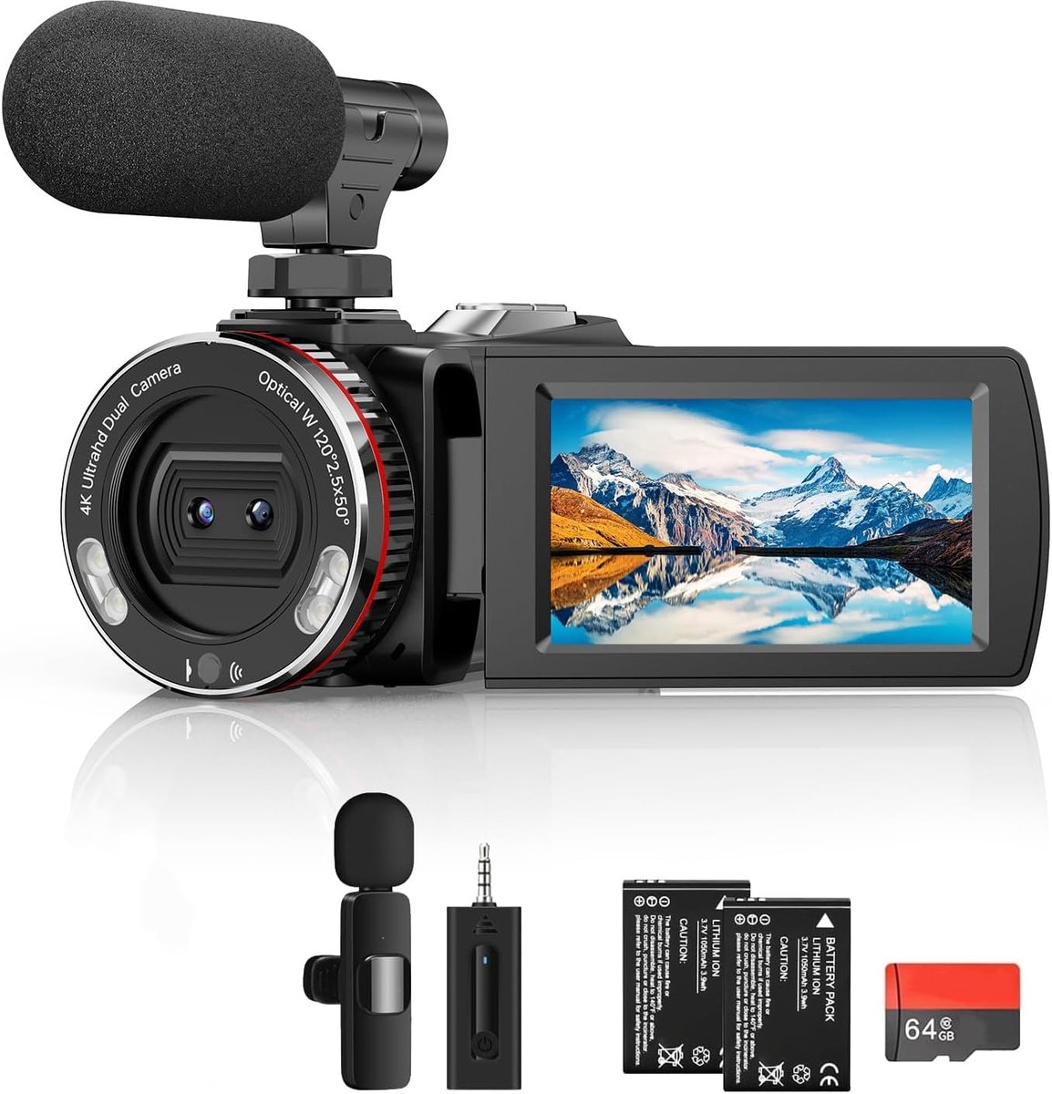 4K Videocamera - Vlog Camera - YouTube Opnames - Draadloze Microfoon - 64MP Ultra HD - Zwart