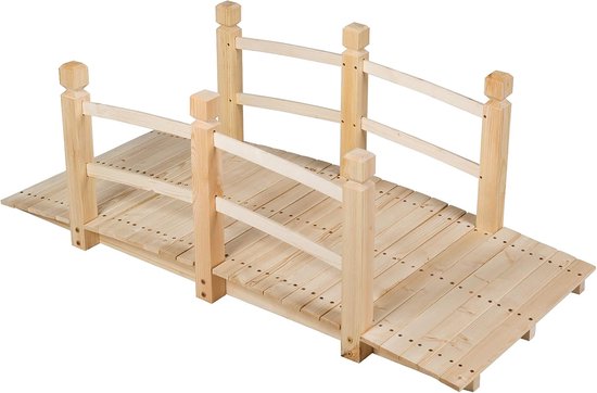 Massief houten brug met leuningen, staande op een witte achtergrond.