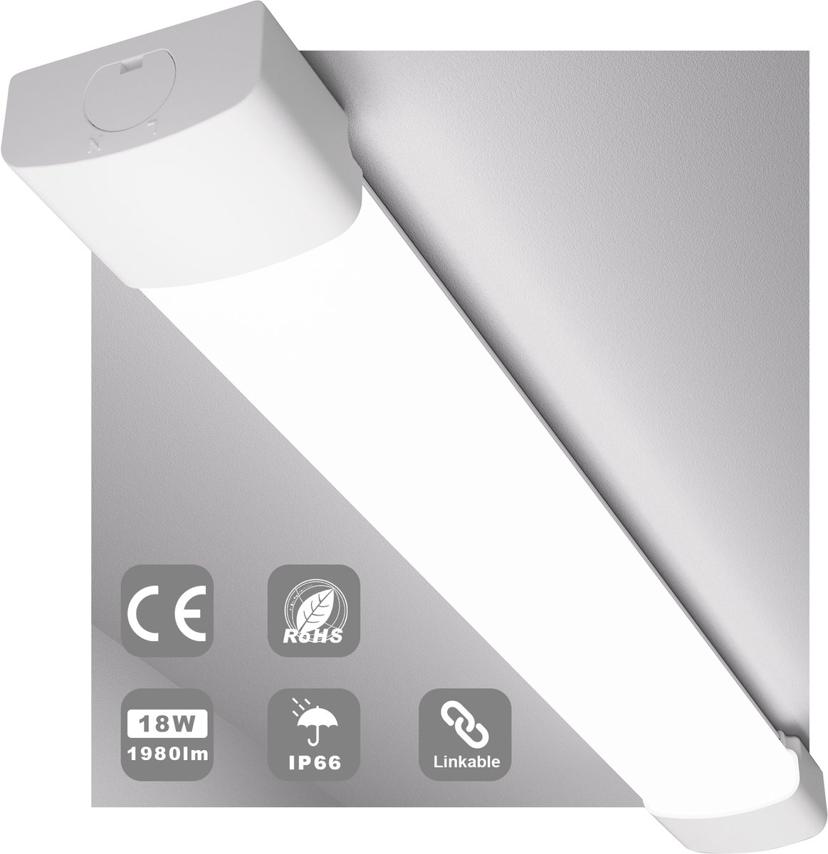 MODLICHT LED Vochtbestendige Armatuur Led Verlichting met Armatuur 60 cm 18W 5000K 2000LM Plafondlamp LED TL Werklamp - Daglicht wit