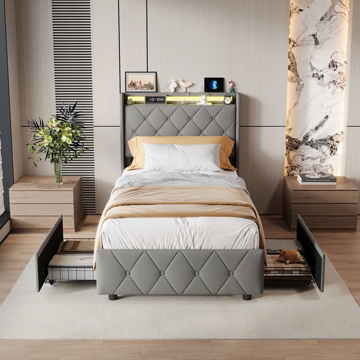 Solvenrik Bedframe met Lades 90x200 – LED & USB-C – Fluweel – Hoofdbord met Opbergplank– Grijs