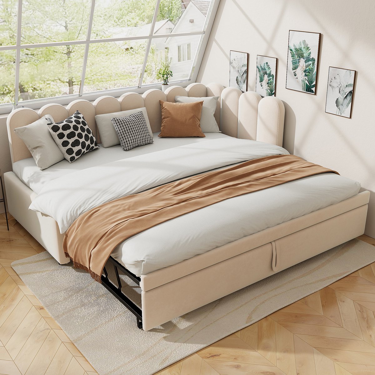 2-in-1 multifunctionele L-vormige slaapbank (90/180 x 200 cm) – Beige fluwelen bekleding – Ruimtebesparend ontwerp – Te gebruiken als opklapbed of logeerbed