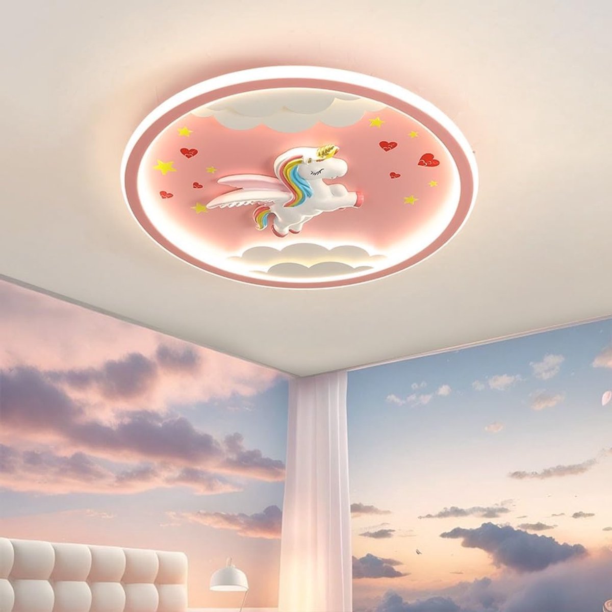 Plafondlamp Eenhoorn - Kinderkamer Verlichting - Decoratieve Sfeer - Verstelbare Lichttemperatuur - 50x9 cm - Roze