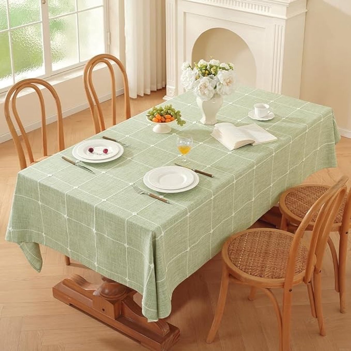 Vierkant tafelkleed in groene linnenlook, afwasbaar en duurzaam