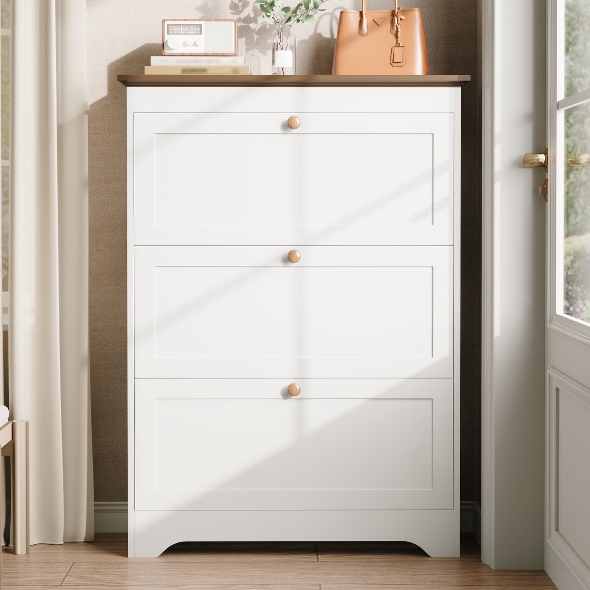 Wishdor - Schoenenkast - 3 Kleppen - Smal Verticaal Ontwerp - Voor Hal Of Balkon - MDF - Wit - 87 x 26 x 120 cm