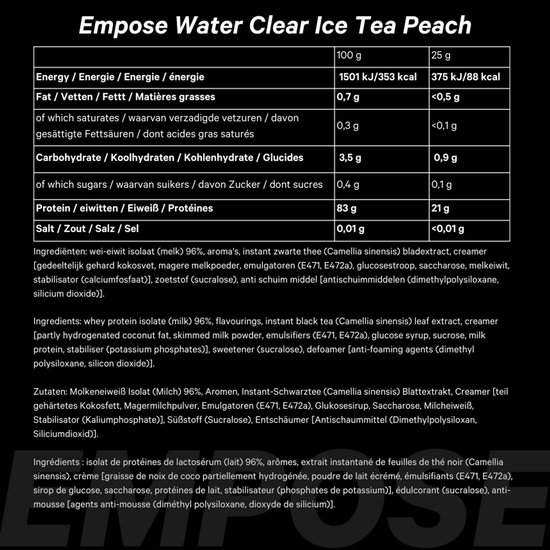 Empose Nutrition Water Clear Isolate - Protein Ranja - Protein Shake - Protéine en poudre - Protein Shakes - Protein Shake - Whey Isolate - Protéine en poudre - Sans sucre/sans gras - 600 gr - Ice Tea Peach