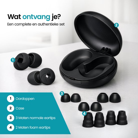 Oordoppen, opbergdoosje en verschillende maten oordopjes en traagschuim oordopjes.