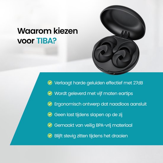 Zwarte oordoppen met spiraalontwerp in een open zwart doosje, met de tekst 'Waarom kiezen voor TIBA?'.