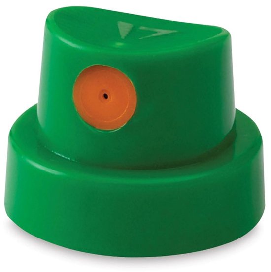 Bouchon de pulvérisation vert avec cercle orange et symbole triangulaire. Montana Caps.